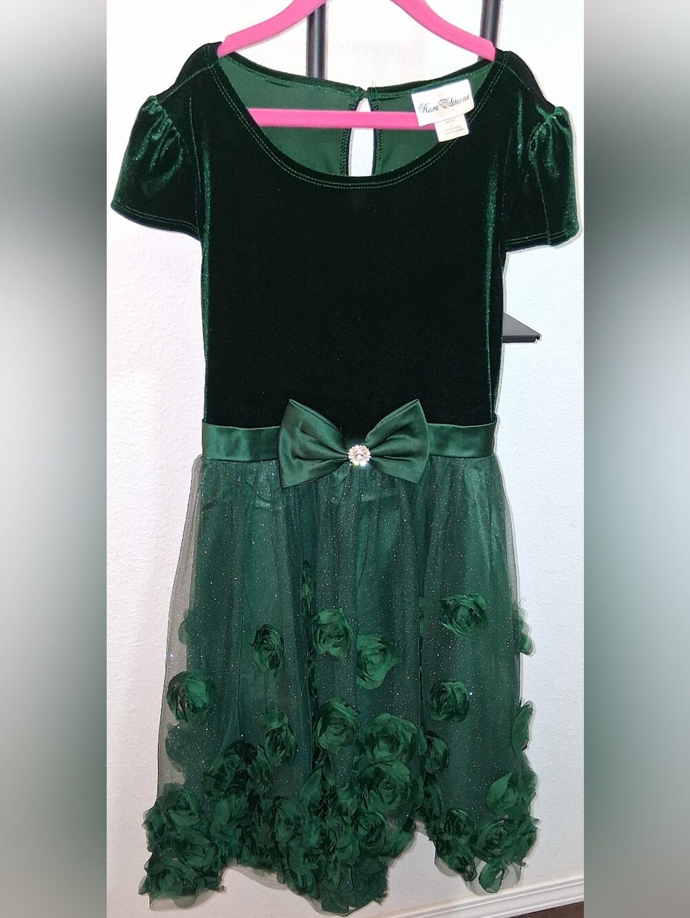 Rare Editions Dark Green Velvet & Tulle Flower Party Dress